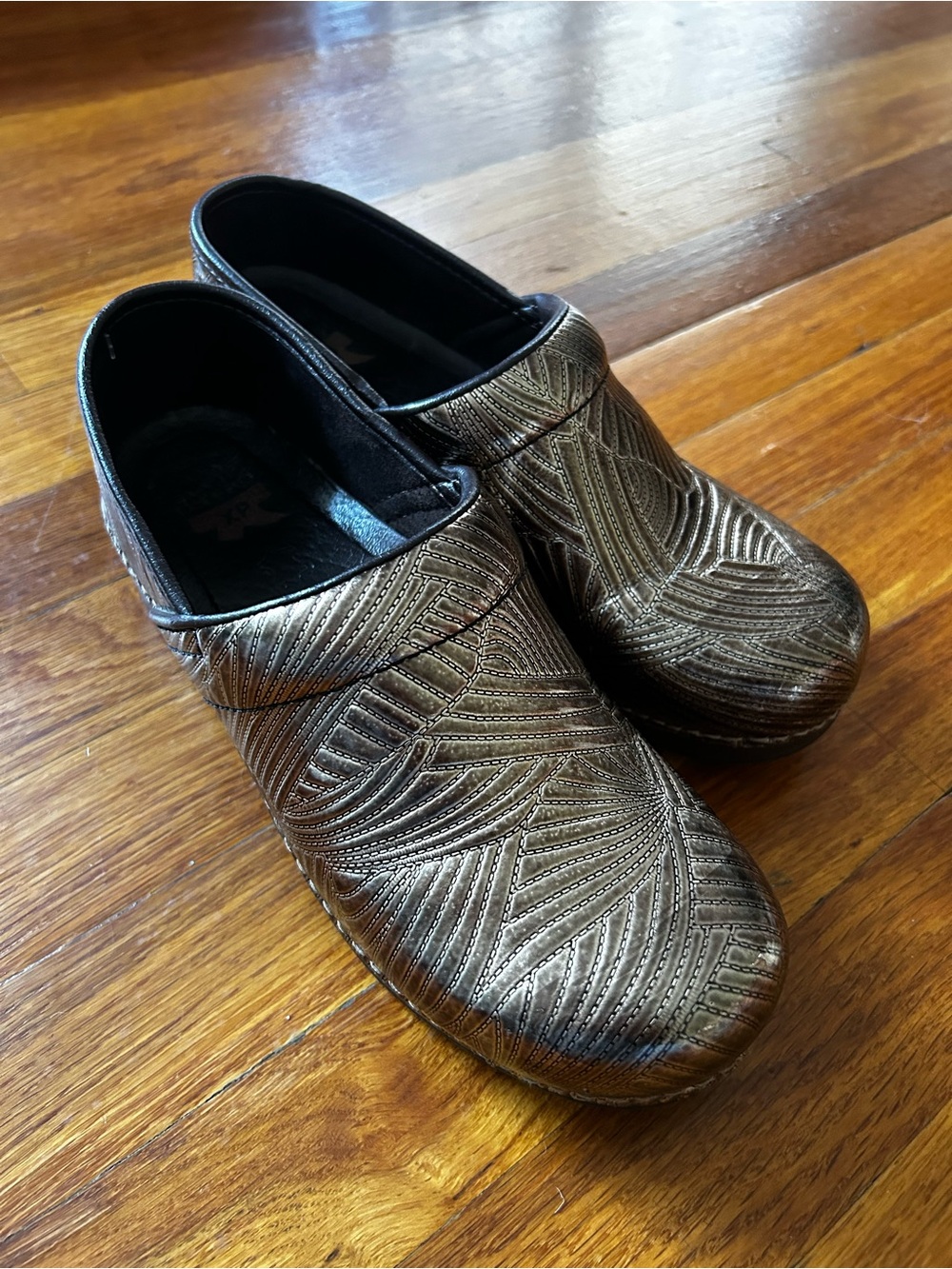 Dansko Metallic Bronze/gold Patterned Slip-On Clogs